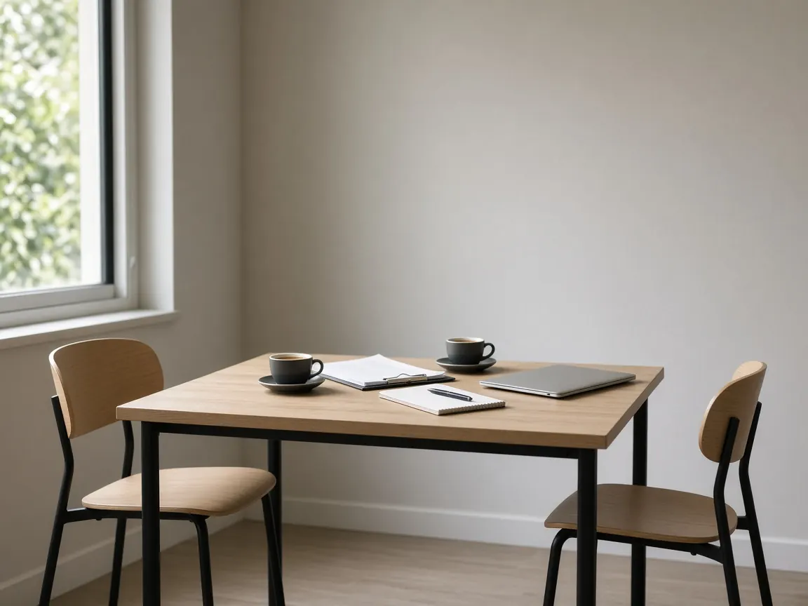A small meeting table set for a two-person consultation with documents and coffee