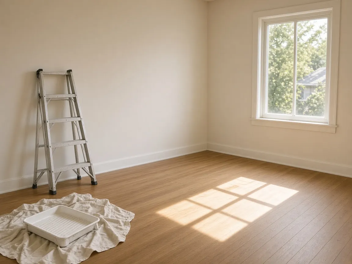 An empty, freshly painted room with a stepladder and drop cloth, being prepared for use
