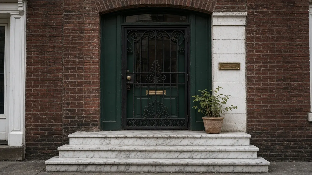 The front door of a Baltimore row house with white marble steps