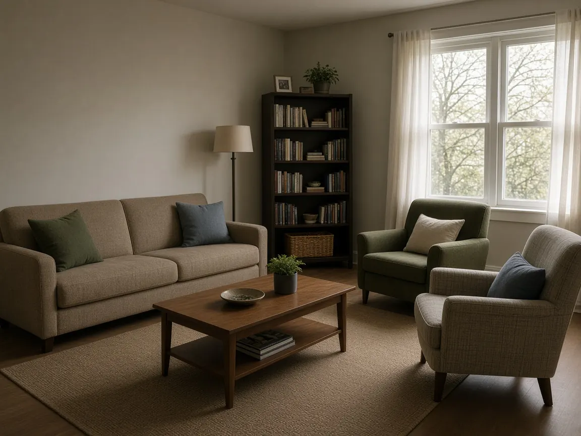 A shared common living room with a sofa, armchairs, and a bookshelf