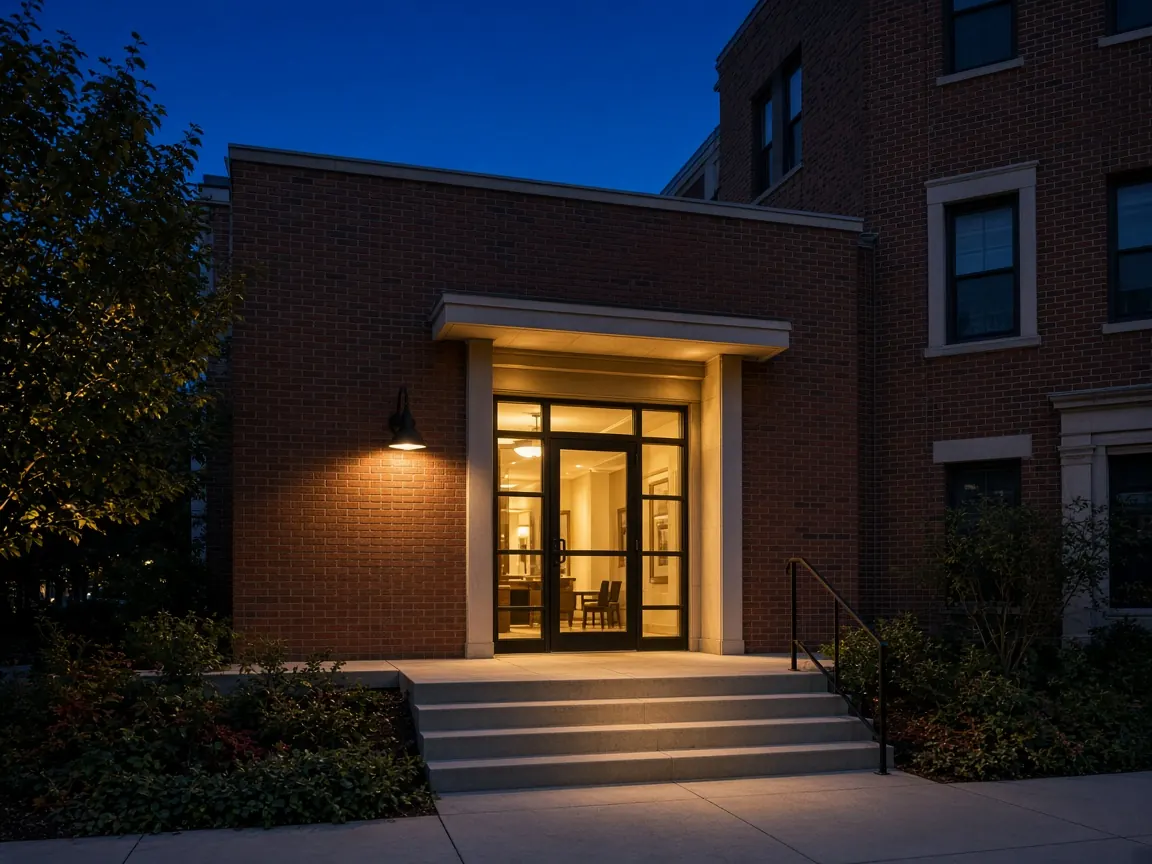 A well-lit brick residential building entrance at dusk
